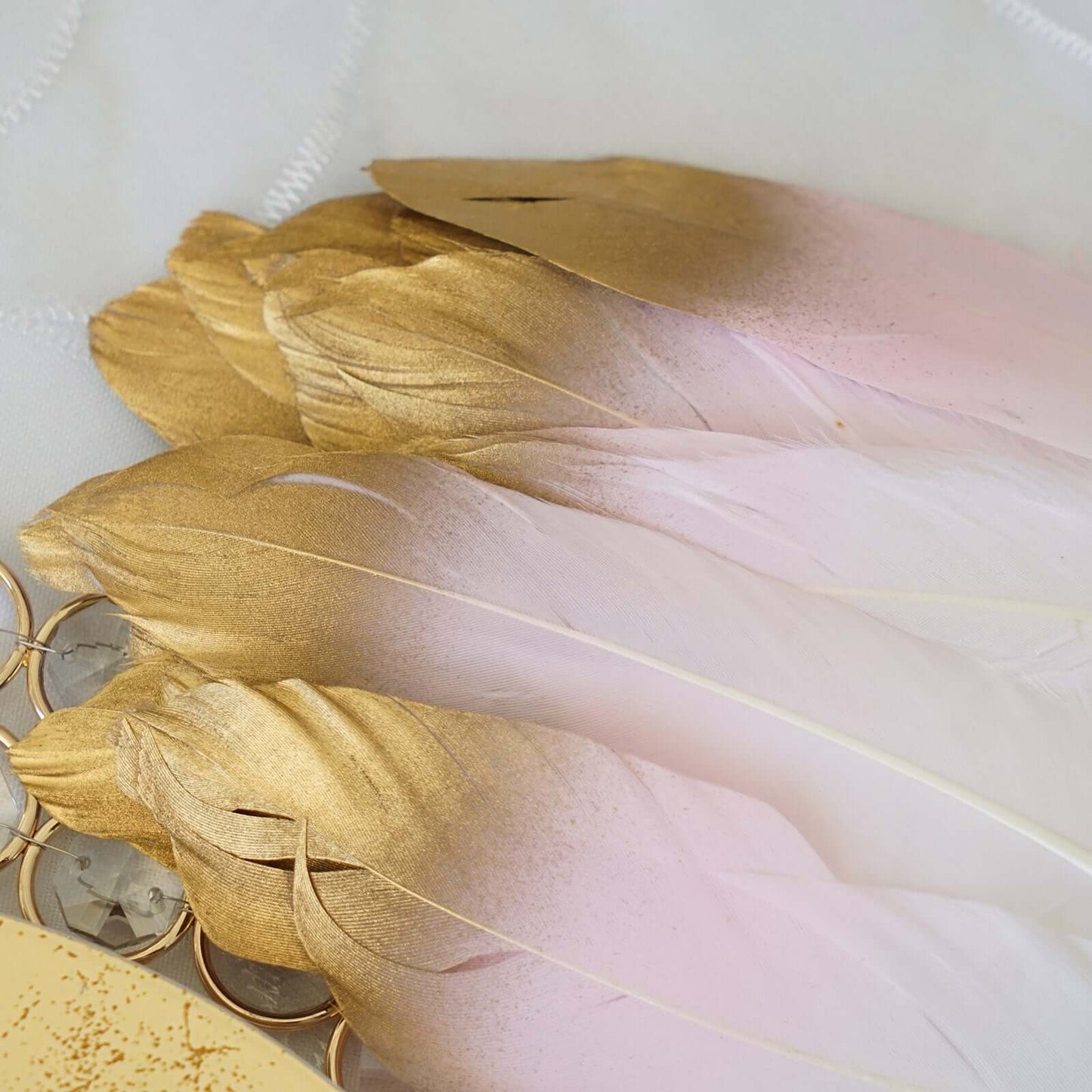 30 - Pack Goose Feathers Craft Feathers Metallic Gold Tip Dual Tone Blush White - Decorative Feathers for DIY Projects - Linen Luxes
