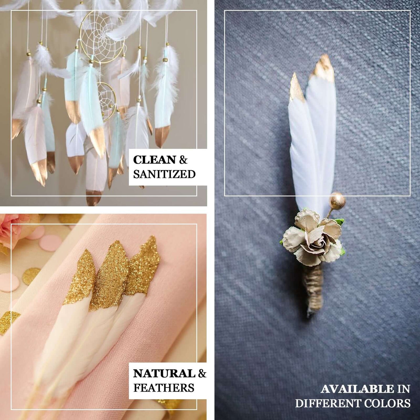 30 - Pack Goose Feathers Craft Feathers Metallic Gold Tip Dual Tone Blush White - Decorative Feathers for DIY Projects - Linen Luxes