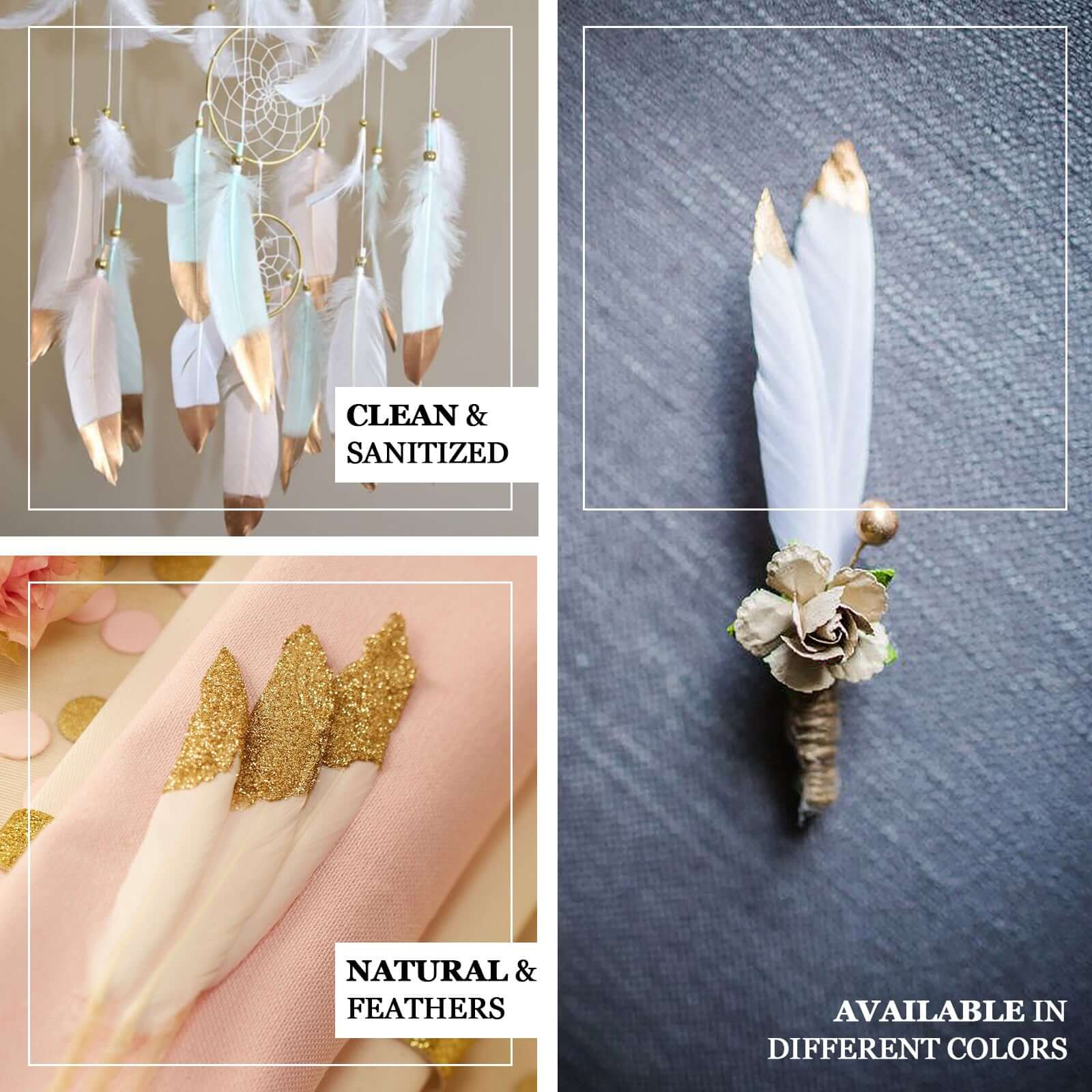 30 - Pack Goose Feathers Craft Feathers Metallic Gold Tip Dual Tone Blush White - Decorative Feathers for DIY Projects - Linen Luxes