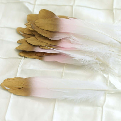 30 - Pack Goose Feathers Craft Feathers Metallic Gold Tip Dual Tone Blush White - Decorative Feathers for DIY Projects - Linen Luxes