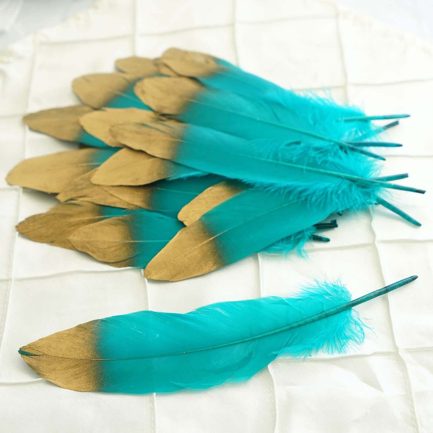 30 Pack Metallic Gold Dipped Turquoise Real Goose Feathers, Craft Feathers For Party Decoration - Linen Luxes