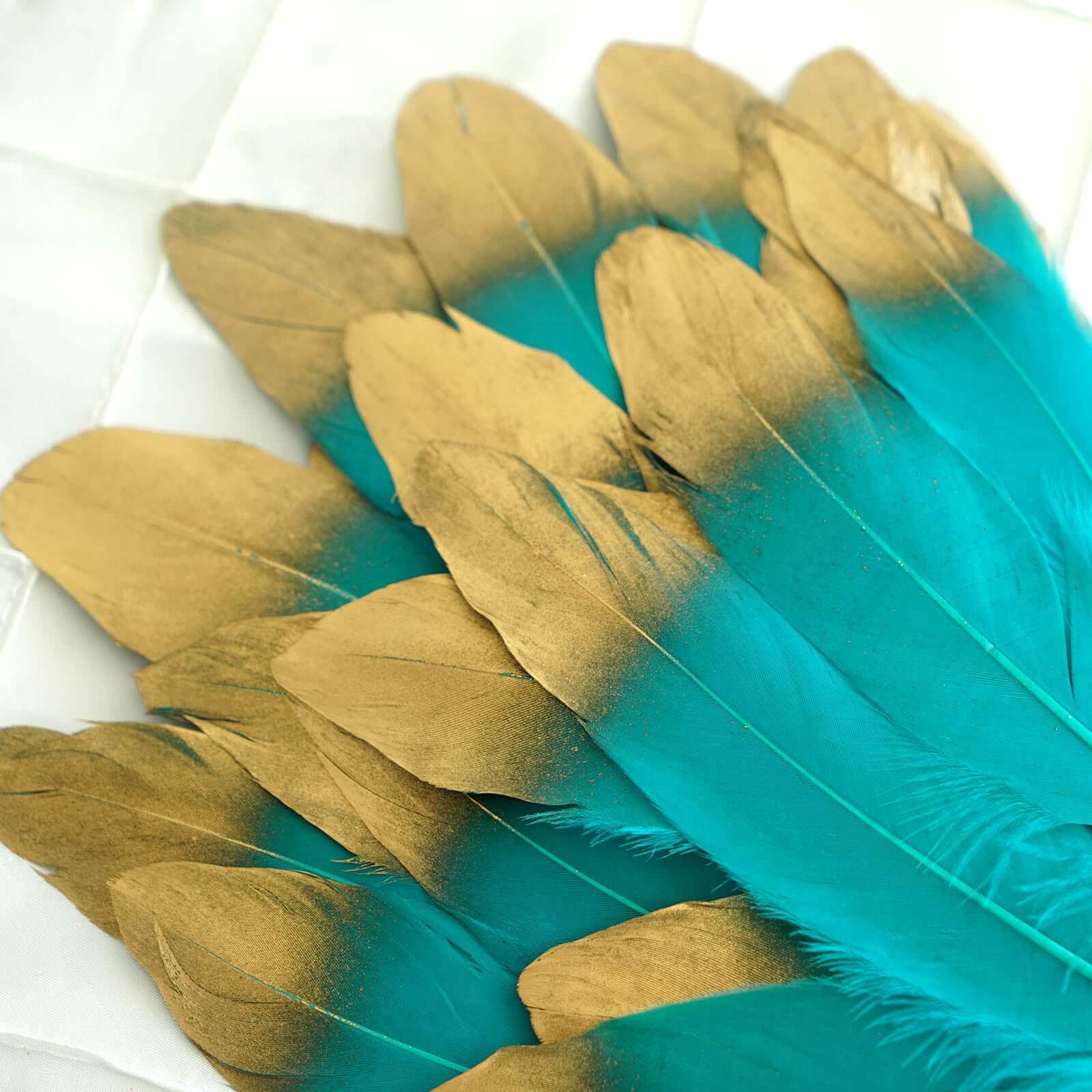 30 Pack Metallic Gold Dipped Turquoise Real Goose Feathers, Craft Feathers For Party Decoration - Linen Luxes