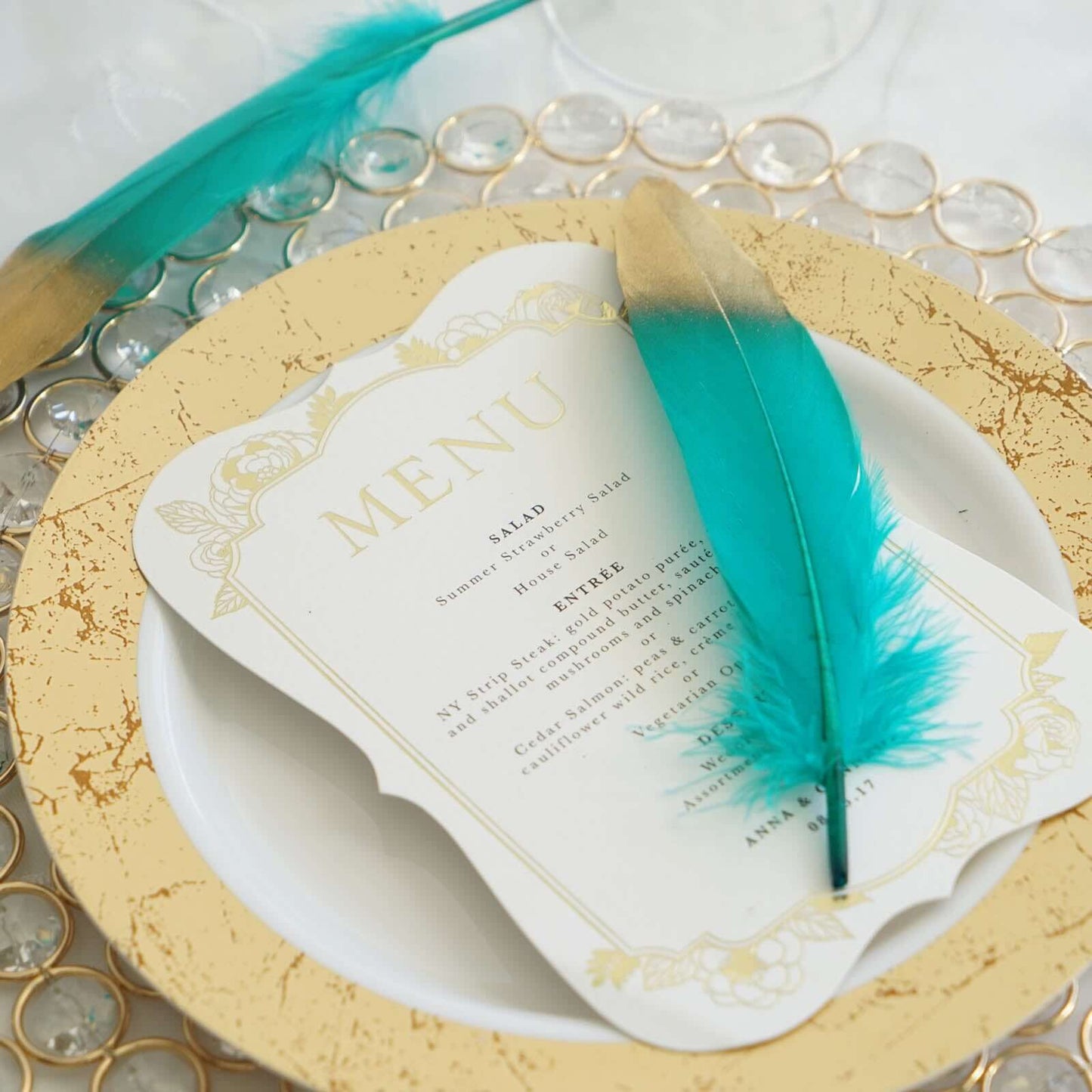 30 Pack Metallic Gold Dipped Turquoise Real Goose Feathers, Craft Feathers For Party Decoration - Linen Luxes