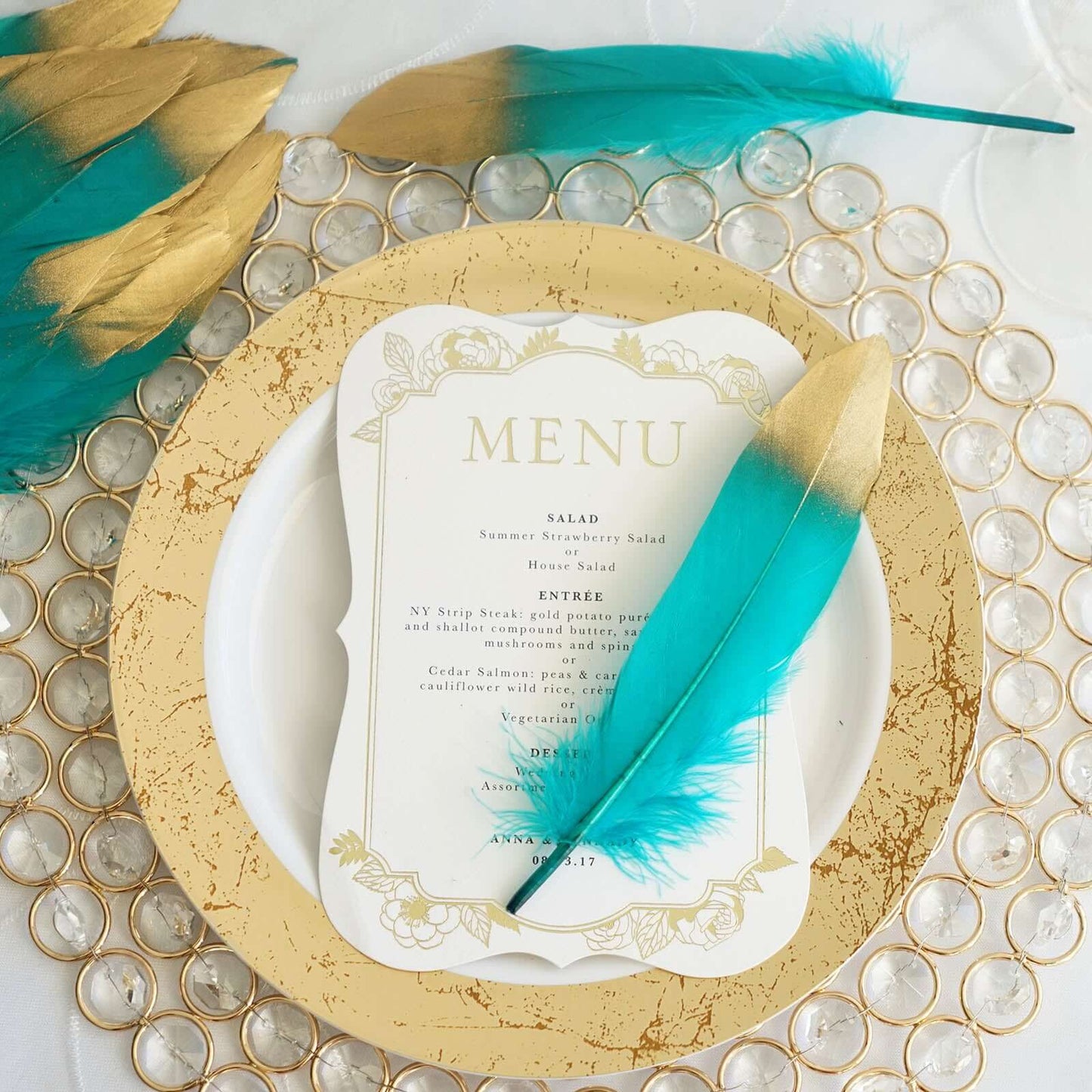 30 Pack Metallic Gold Dipped Turquoise Real Goose Feathers, Craft Feathers For Party Decoration - Linen Luxes