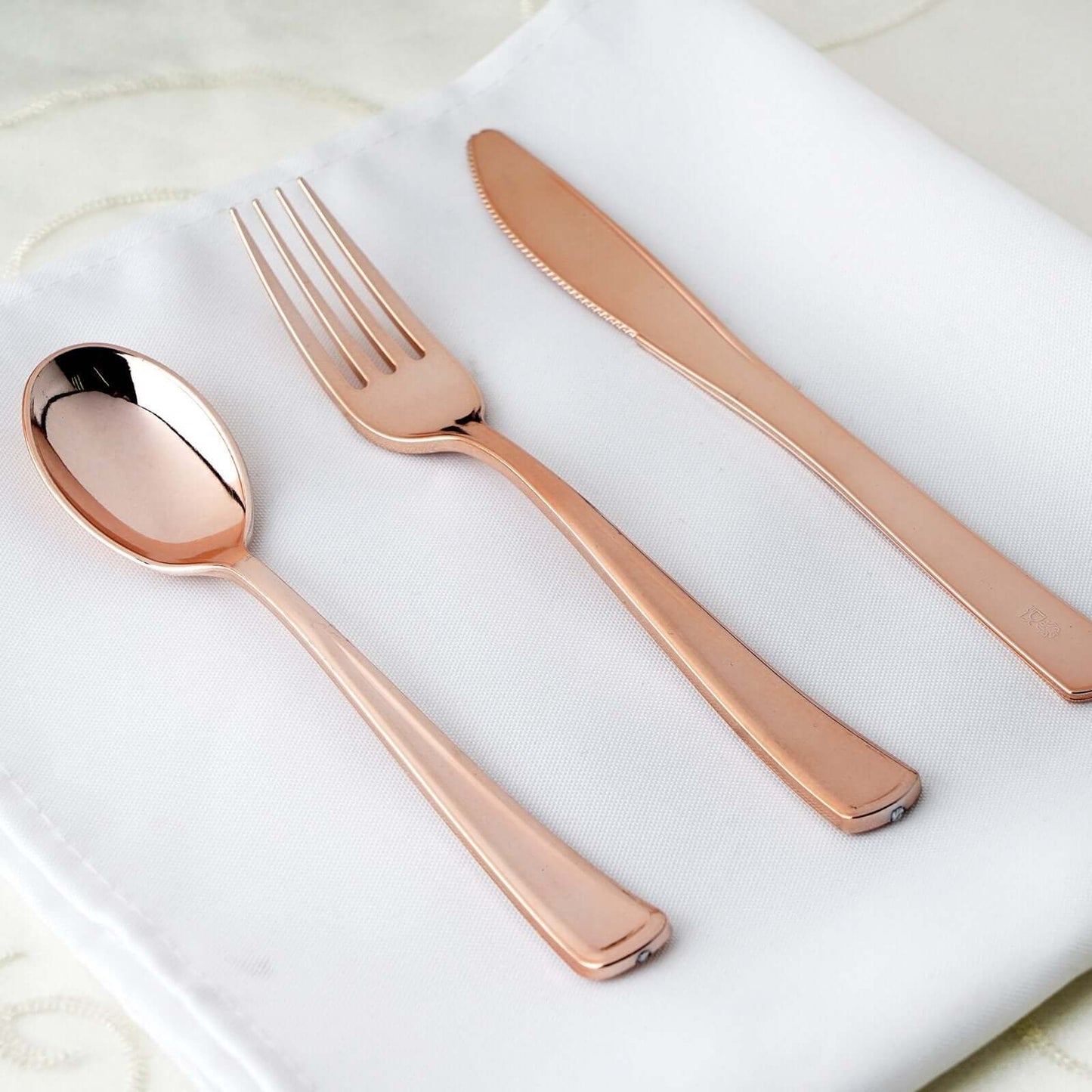 30 - Pack Plastic Utensil Set Metallic Rose Gold Classic Heavy Duty - Durable Disposable Silverware Set 7", 8" - Linen Luxes