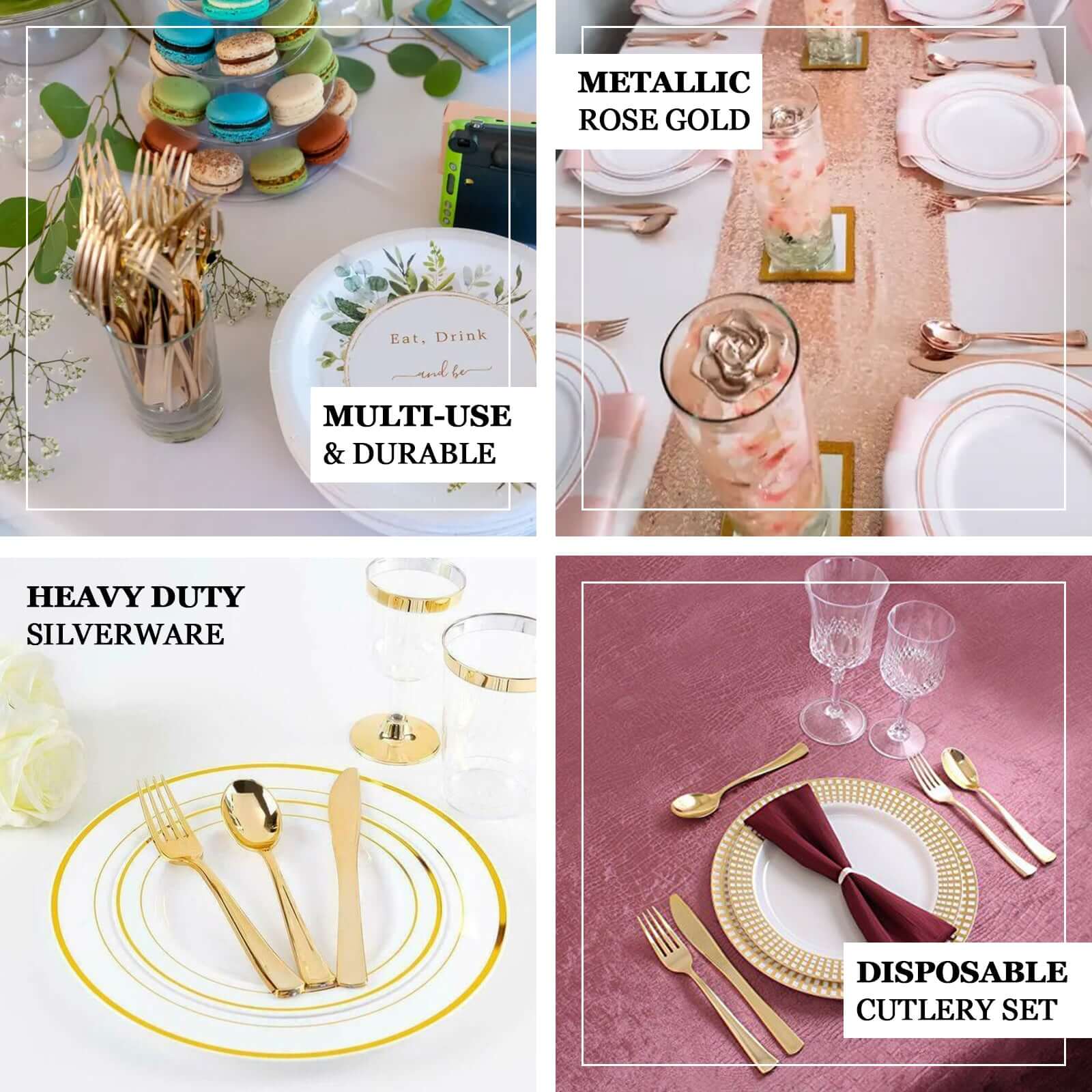 30 - Pack Plastic Utensil Set Metallic Rose Gold Classic Heavy Duty - Durable Disposable Silverware Set 7", 8" - Linen Luxes