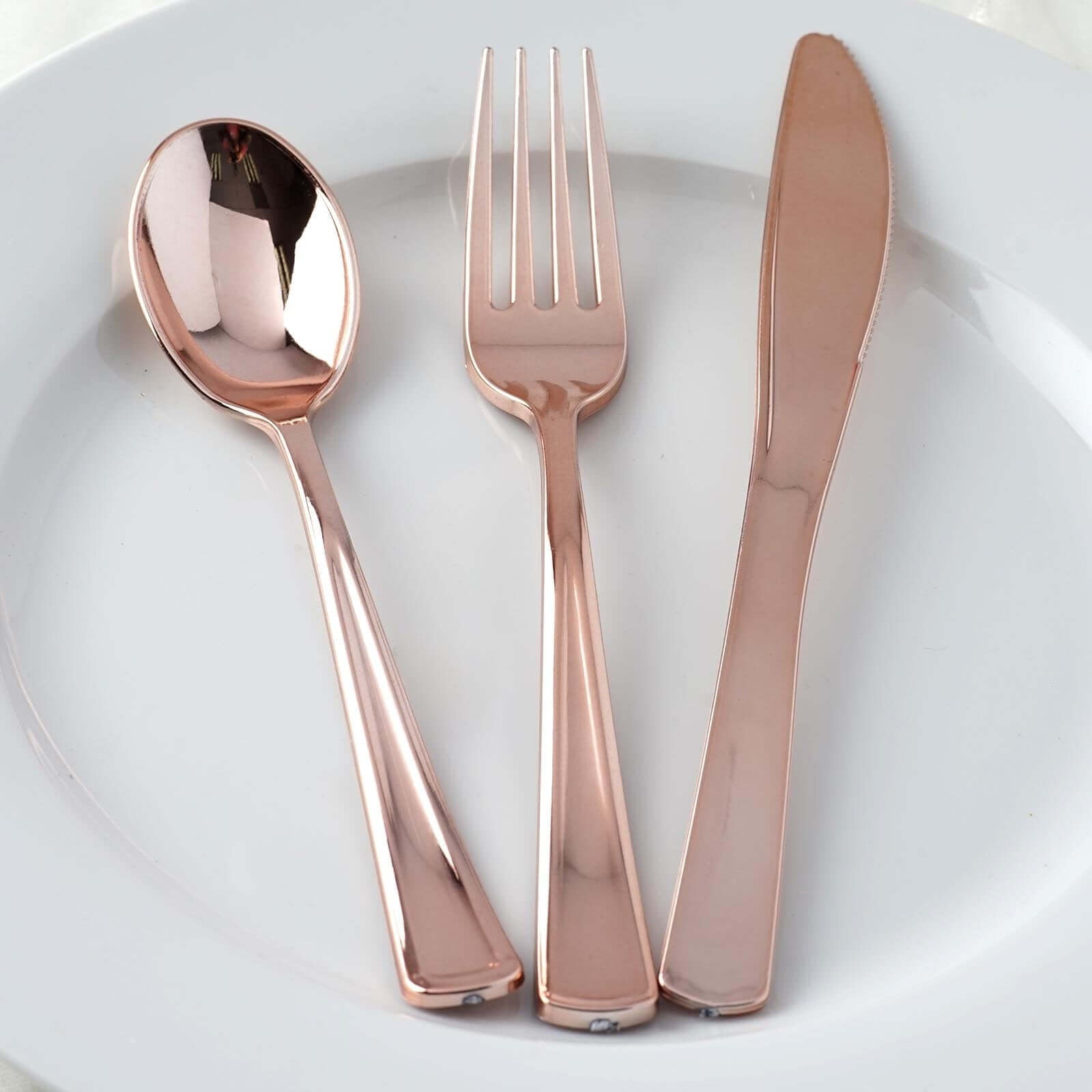 30 - Pack Plastic Utensil Set Metallic Rose Gold Classic Heavy Duty - Durable Disposable Silverware Set 7", 8" - Linen Luxes