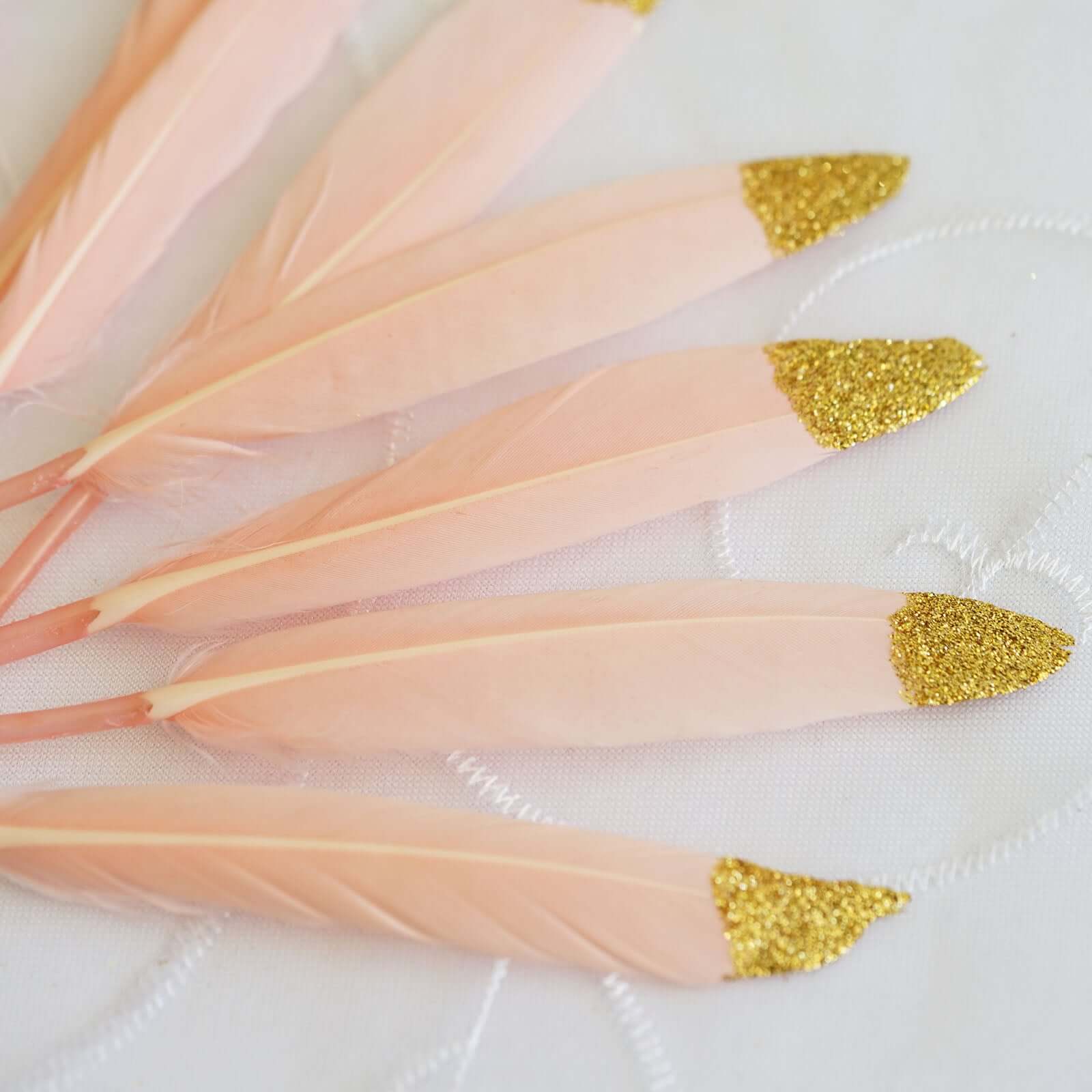 30 - Pack Turkey Feathers Craft Feathers Glitter Gold Tip Blush - Decorative Feathers for DIY Party Projects - Linen Luxes