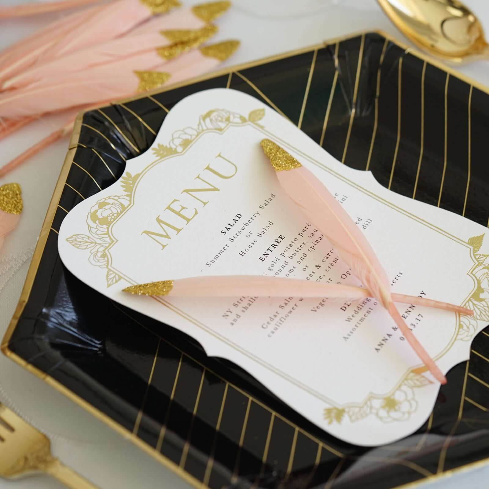 30 - Pack Turkey Feathers Craft Feathers Glitter Gold Tip Blush - Decorative Feathers for DIY Party Projects - Linen Luxes