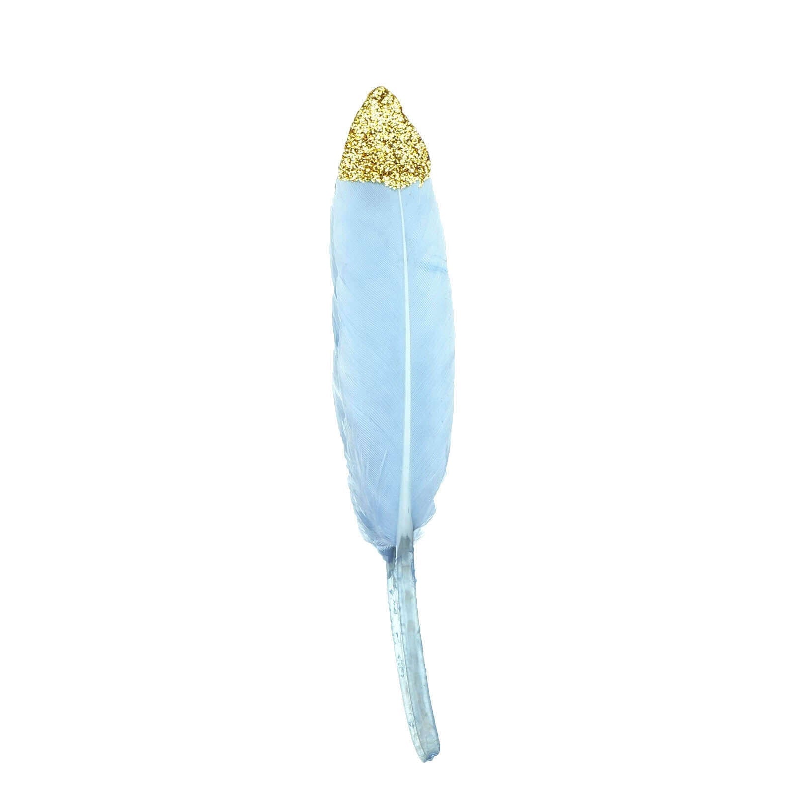 30 - Pack Turkey Feathers Craft Feathers Glitter Gold Tip Light Blue - Decorative Feathers for DIY Party Projects - Linen Luxes