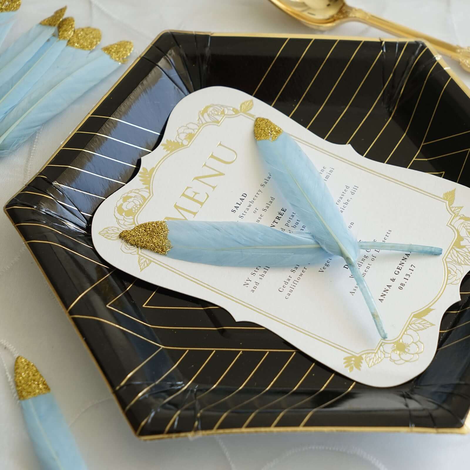 30 - Pack Turkey Feathers Craft Feathers Glitter Gold Tip Light Blue - Decorative Feathers for DIY Party Projects - Linen Luxes