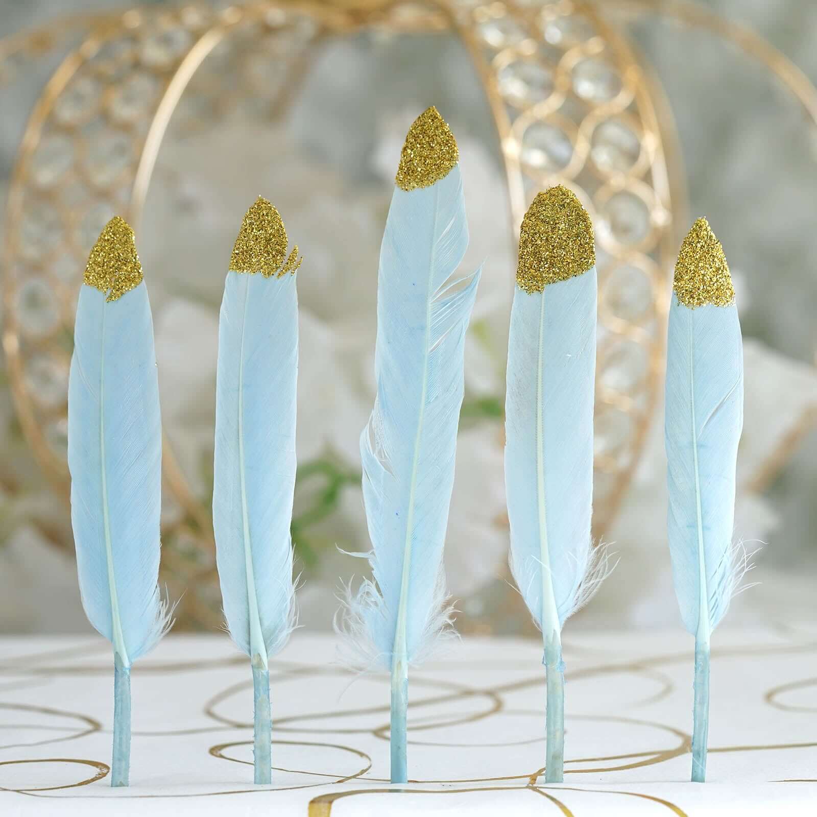 30 - Pack Turkey Feathers Craft Feathers Glitter Gold Tip Light Blue - Decorative Feathers for DIY Party Projects - Linen Luxes