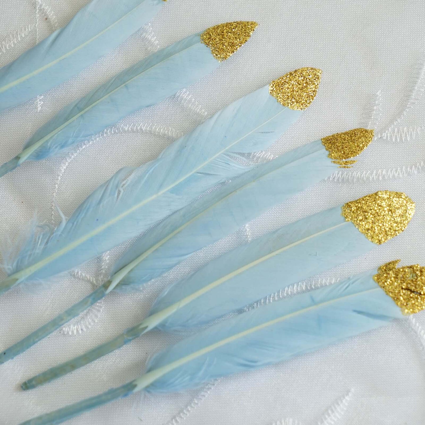 30 - Pack Turkey Feathers Craft Feathers Glitter Gold Tip Light Blue - Decorative Feathers for DIY Party Projects - Linen Luxes