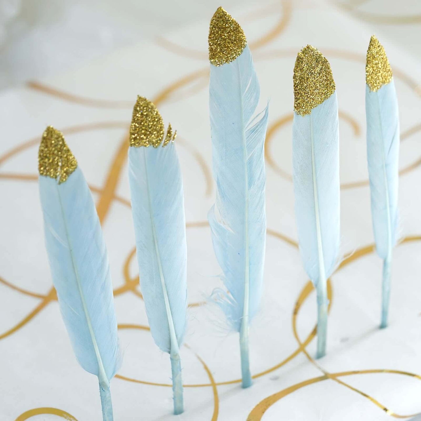 30 - Pack Turkey Feathers Craft Feathers Glitter Gold Tip Light Blue - Decorative Feathers for DIY Party Projects - Linen Luxes