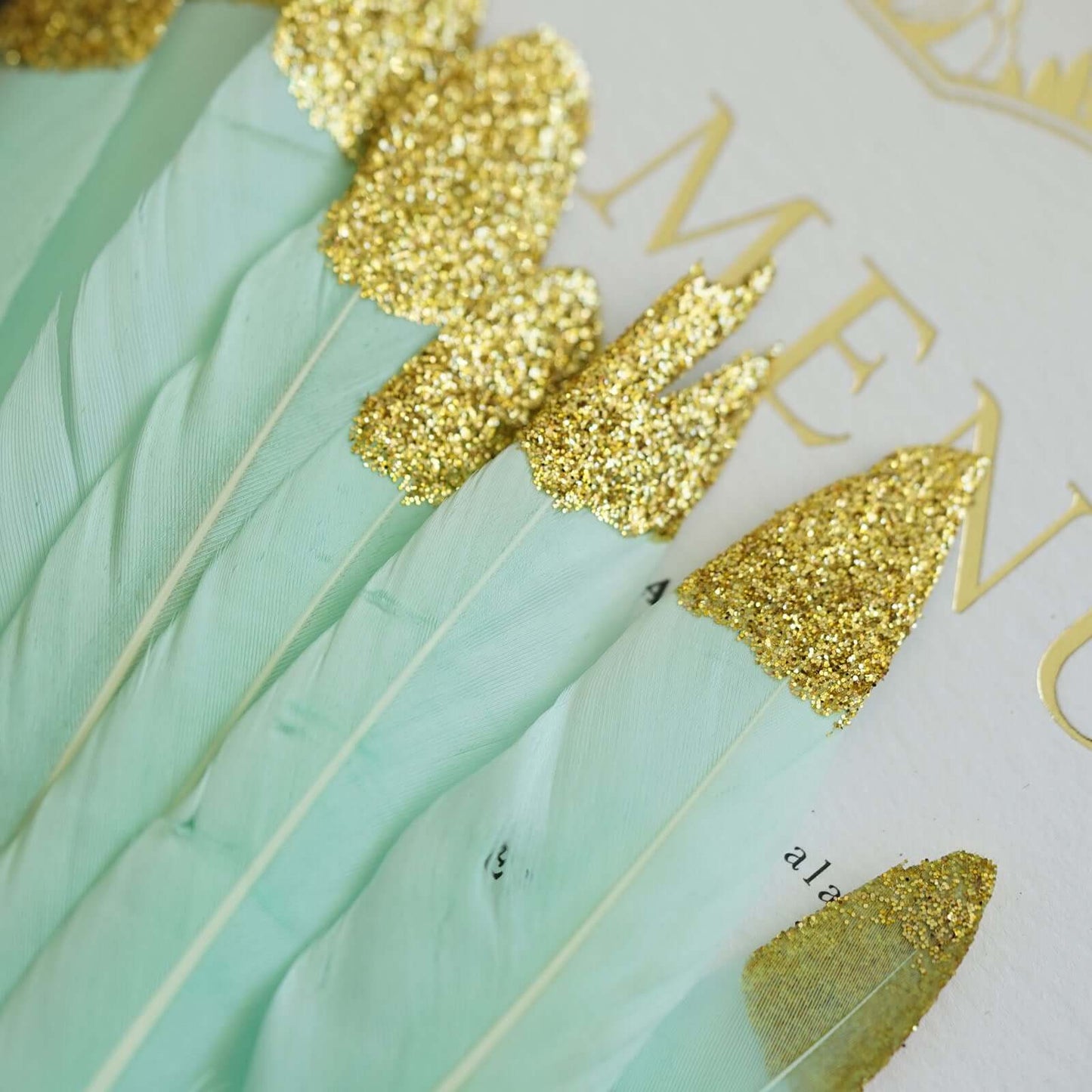 30 - Pack Turkey Feathers Craft Feathers Glitter Gold Tip Mint - Decorative Feathers for DIY Party Projects - Linen Luxes