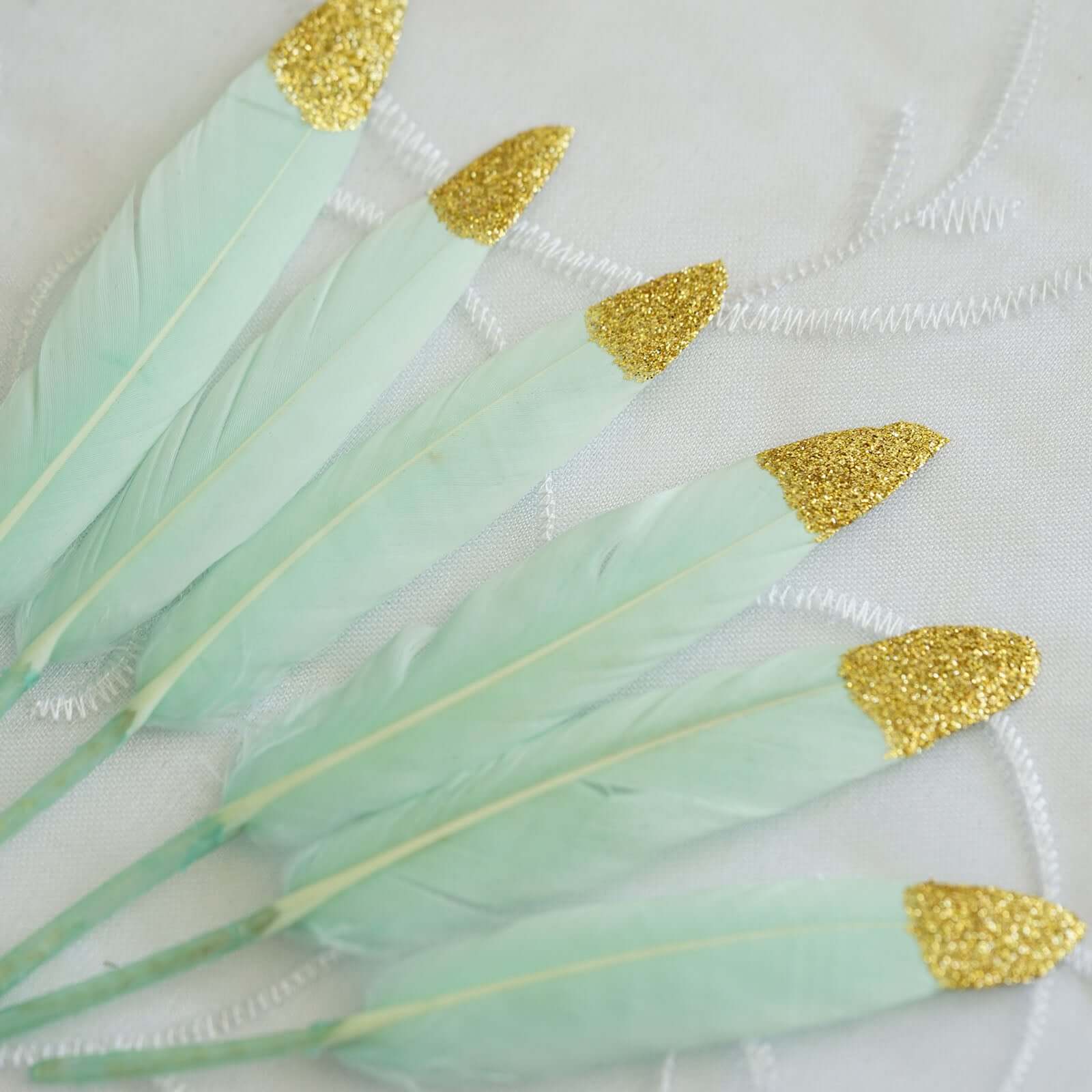 30 - Pack Turkey Feathers Craft Feathers Glitter Gold Tip Mint - Decorative Feathers for DIY Party Projects - Linen Luxes