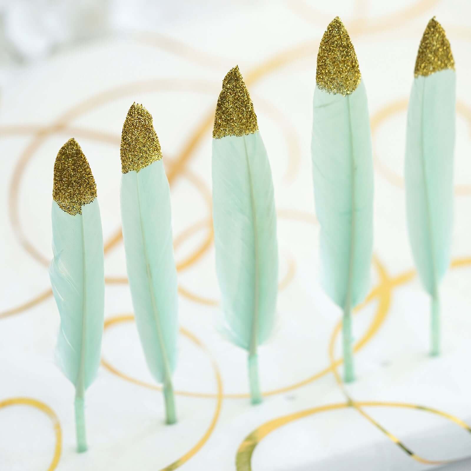 30 - Pack Turkey Feathers Craft Feathers Glitter Gold Tip Mint - Decorative Feathers for DIY Party Projects - Linen Luxes