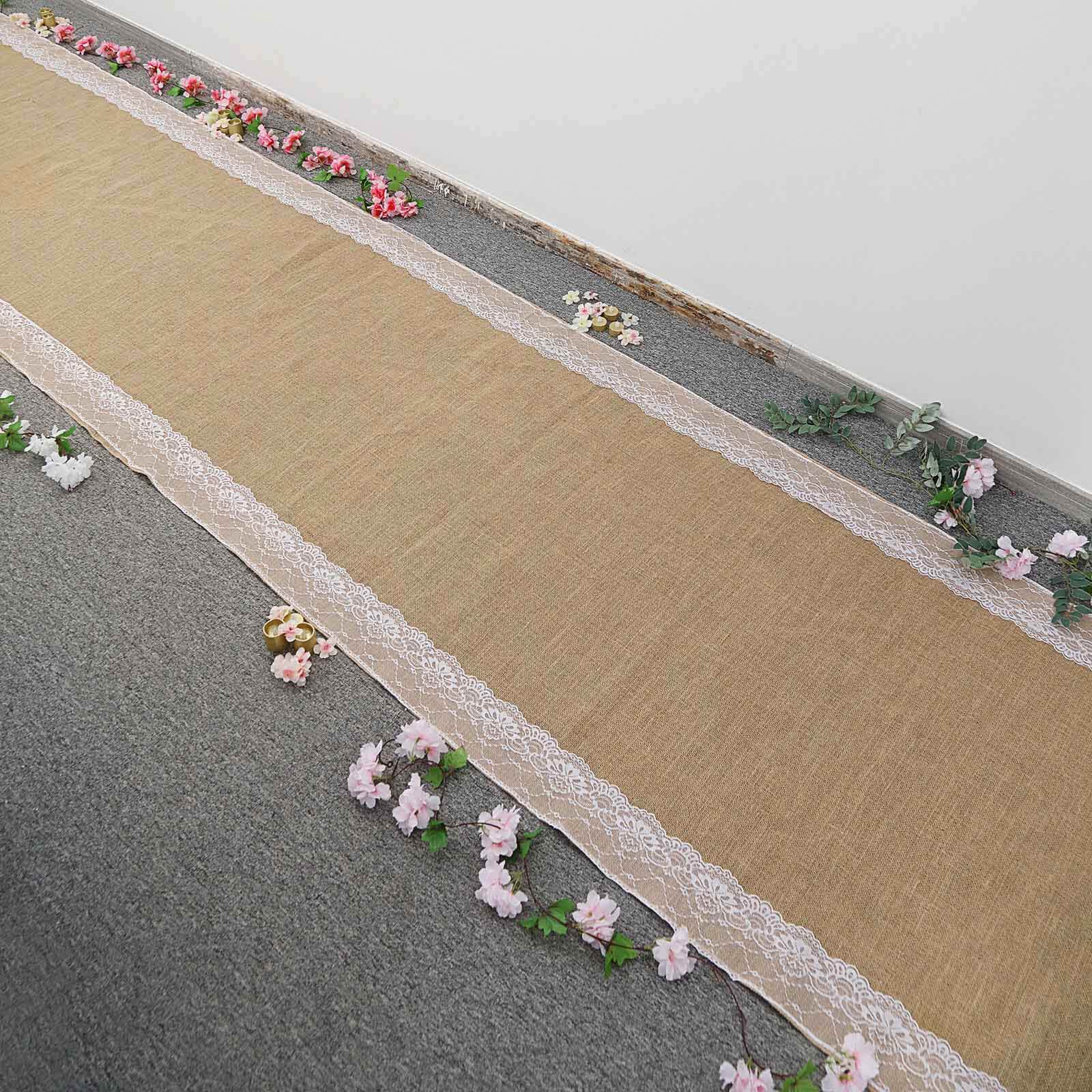 30ft Natural Jute Burlap Aisle Runner with White Floral Lace Borders - Linen Luxes