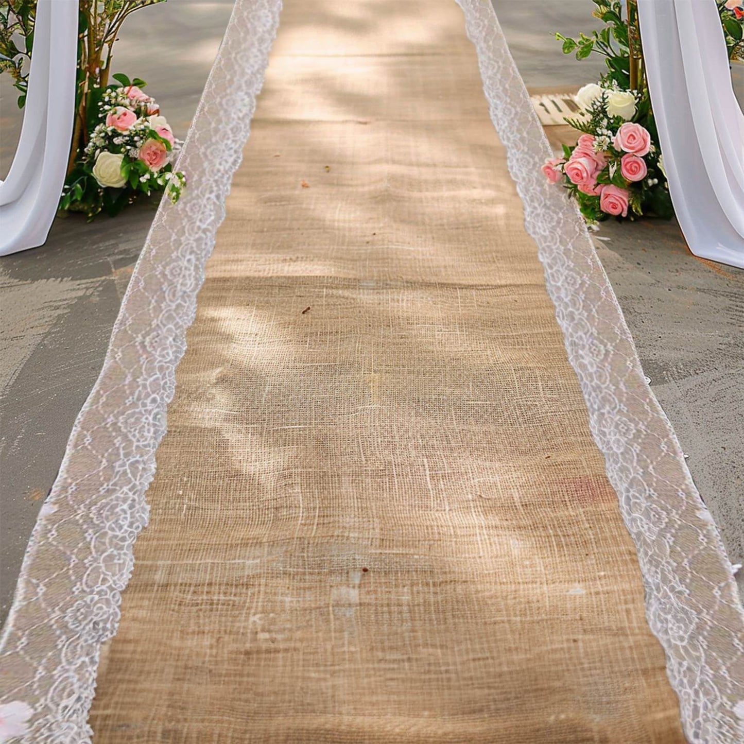 30ft Natural Jute Burlap Aisle Runner with White Floral Lace Borders - Linen Luxes