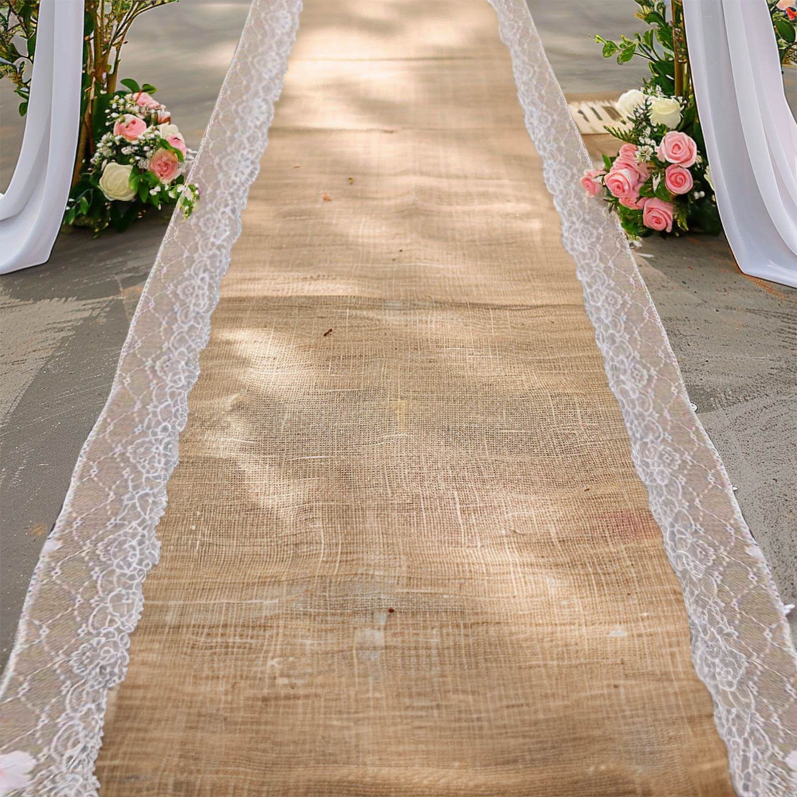 30ft Natural Jute Burlap Aisle Runner with White Floral Lace Borders - Linen Luxes