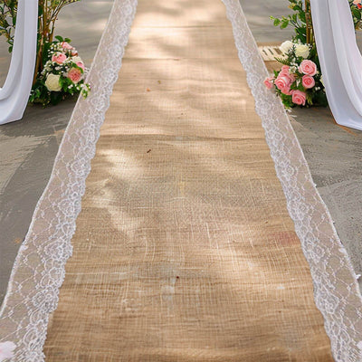 30ft Natural Jute Burlap Aisle Runner with White Floral Lace Borders - Linen Luxes