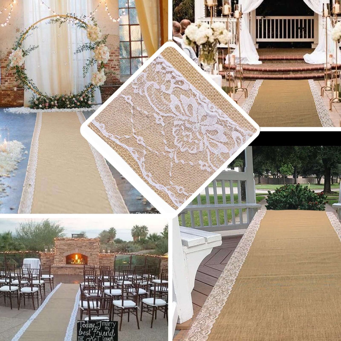 30ft Natural Jute Burlap Aisle Runner with White Floral Lace Borders - Linen Luxes