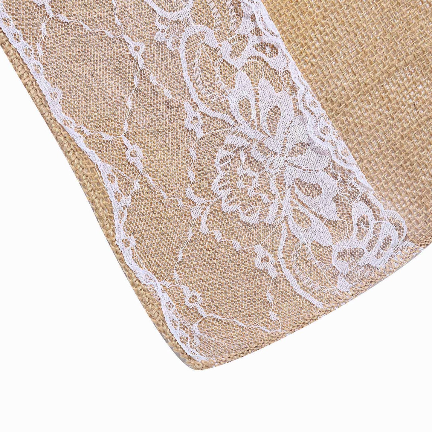 30ft Natural Jute Burlap Aisle Runner with White Floral Lace Borders - Linen Luxes