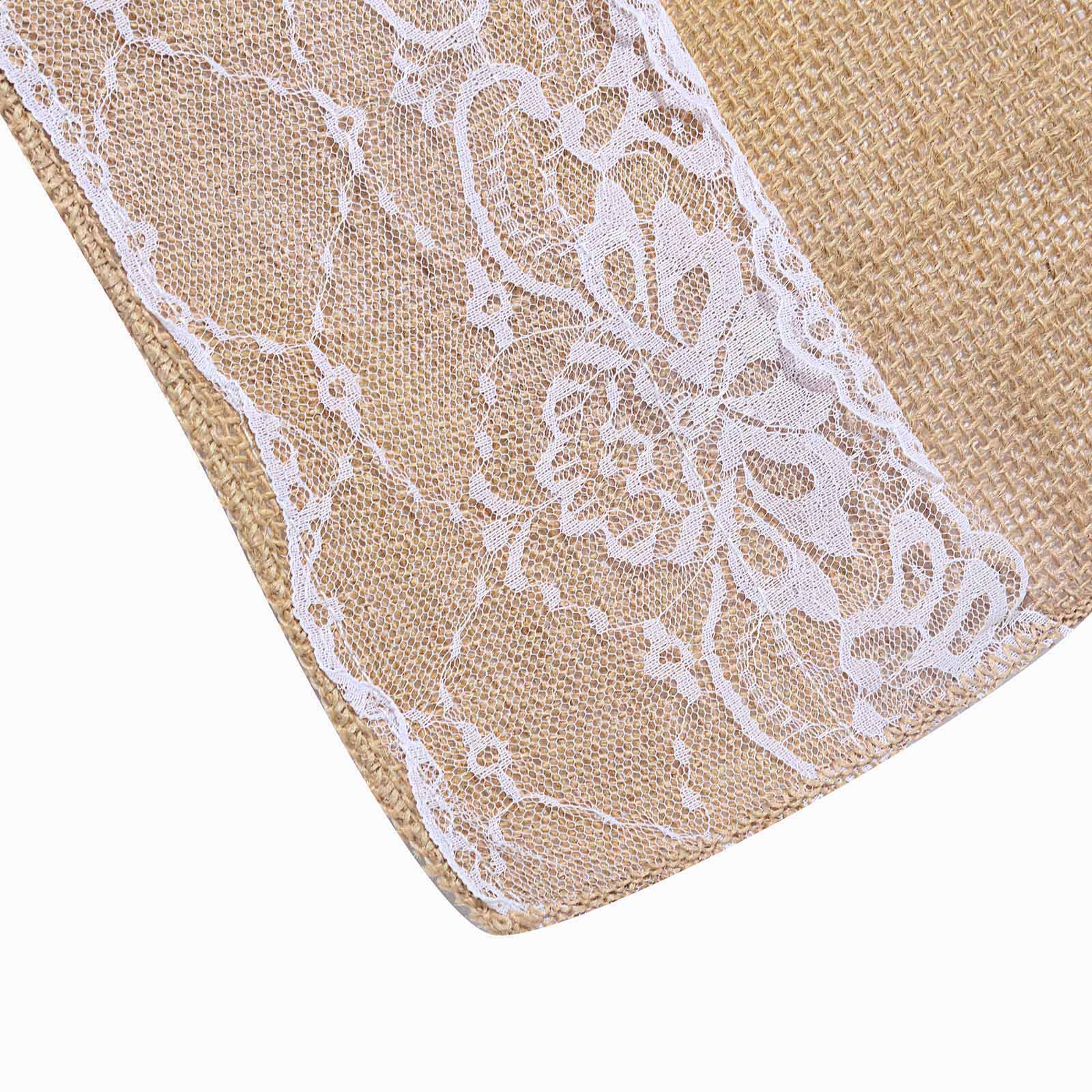 30ft Natural Jute Burlap Aisle Runner with White Floral Lace Borders - Linen Luxes