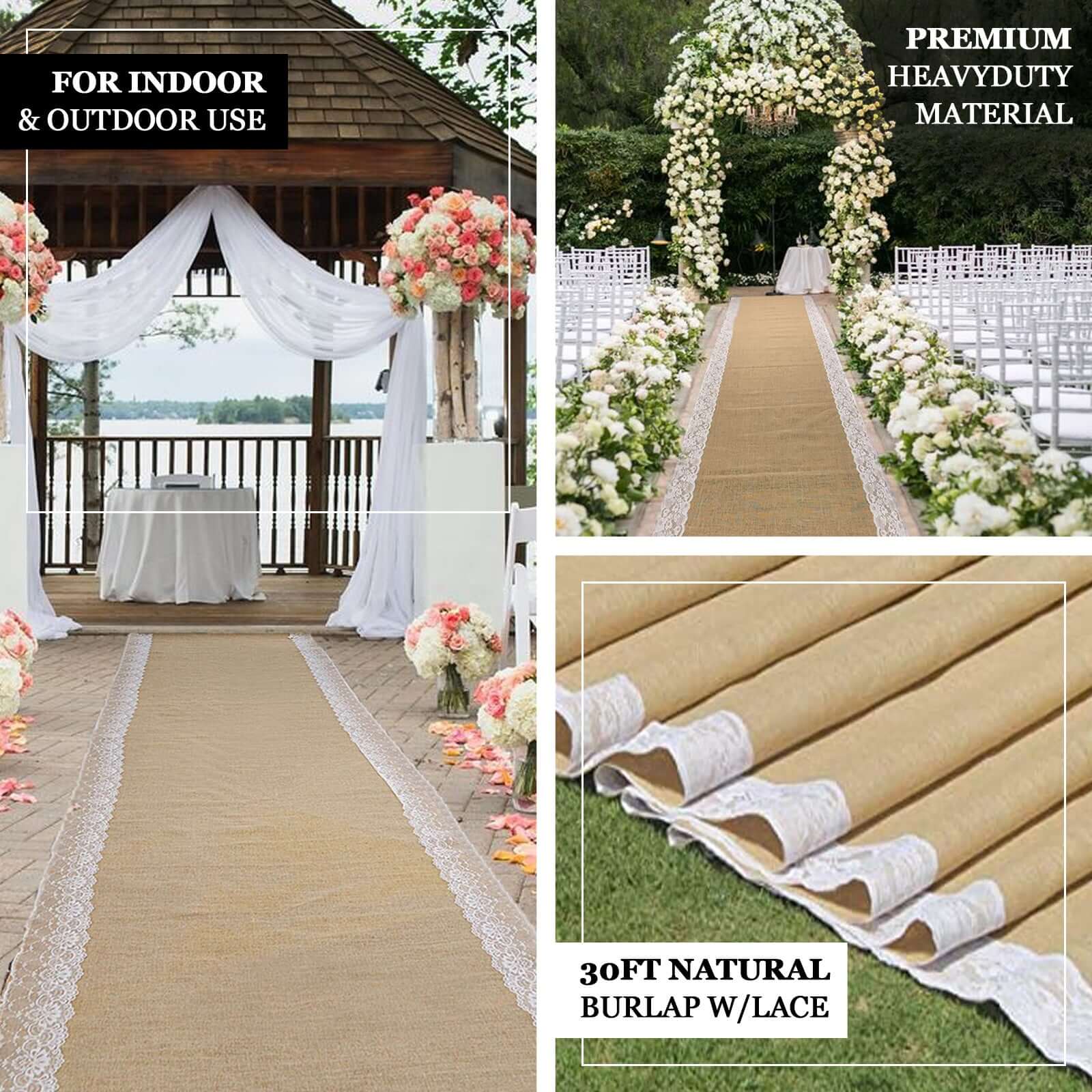 30ft Natural Jute Burlap Aisle Runner with White Floral Lace Borders - Linen Luxes