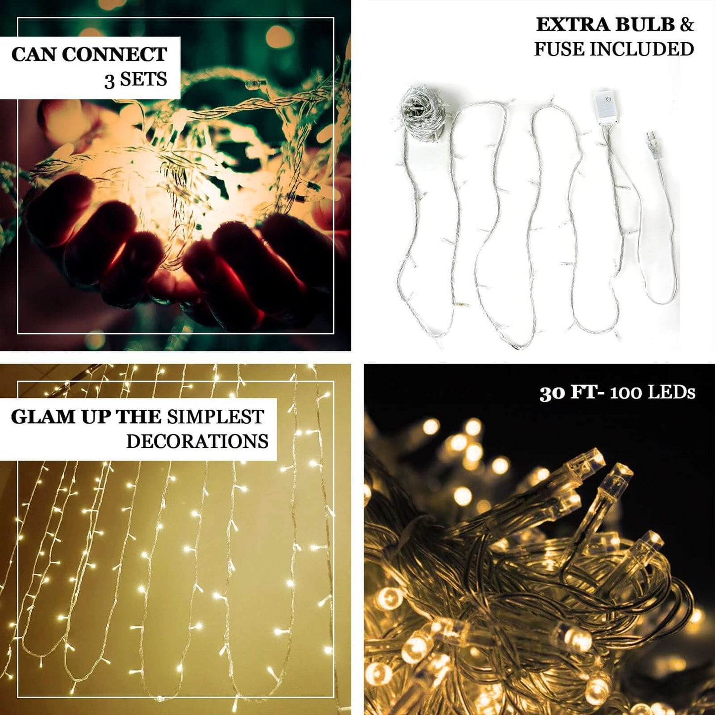 30ft Warm White 100 LED Connectable String Lights, 120V Fairy Lights - Linen Luxes