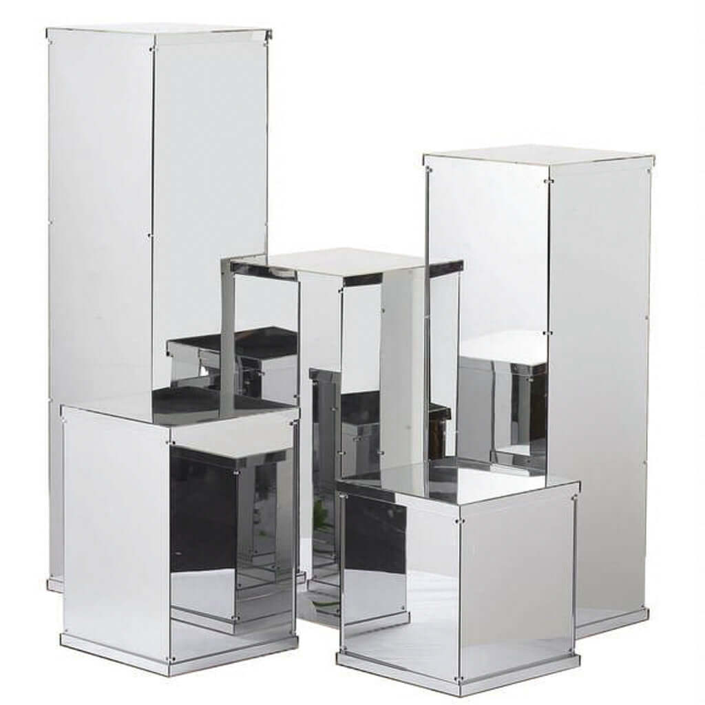 32" Silver Mirror Finish Acrylic Display Box, Pedestal Riser with Interchangeable Lid and Base - Linen Luxes