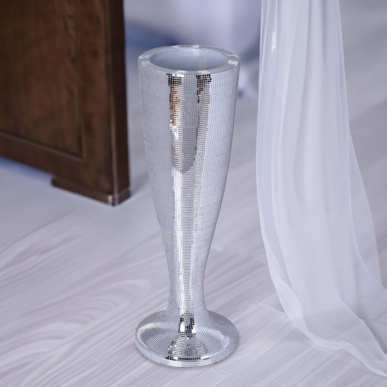 32" Tall Silver Polystone Mirror Mosaic Pedestal Trumpet Floor Vase - Linen Luxes