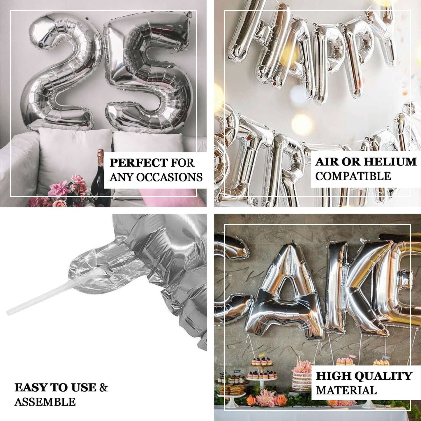 35" Silver Letter and Number Balloons, Metallic Mylar Foil Helium Air Balloons - Linen Luxes