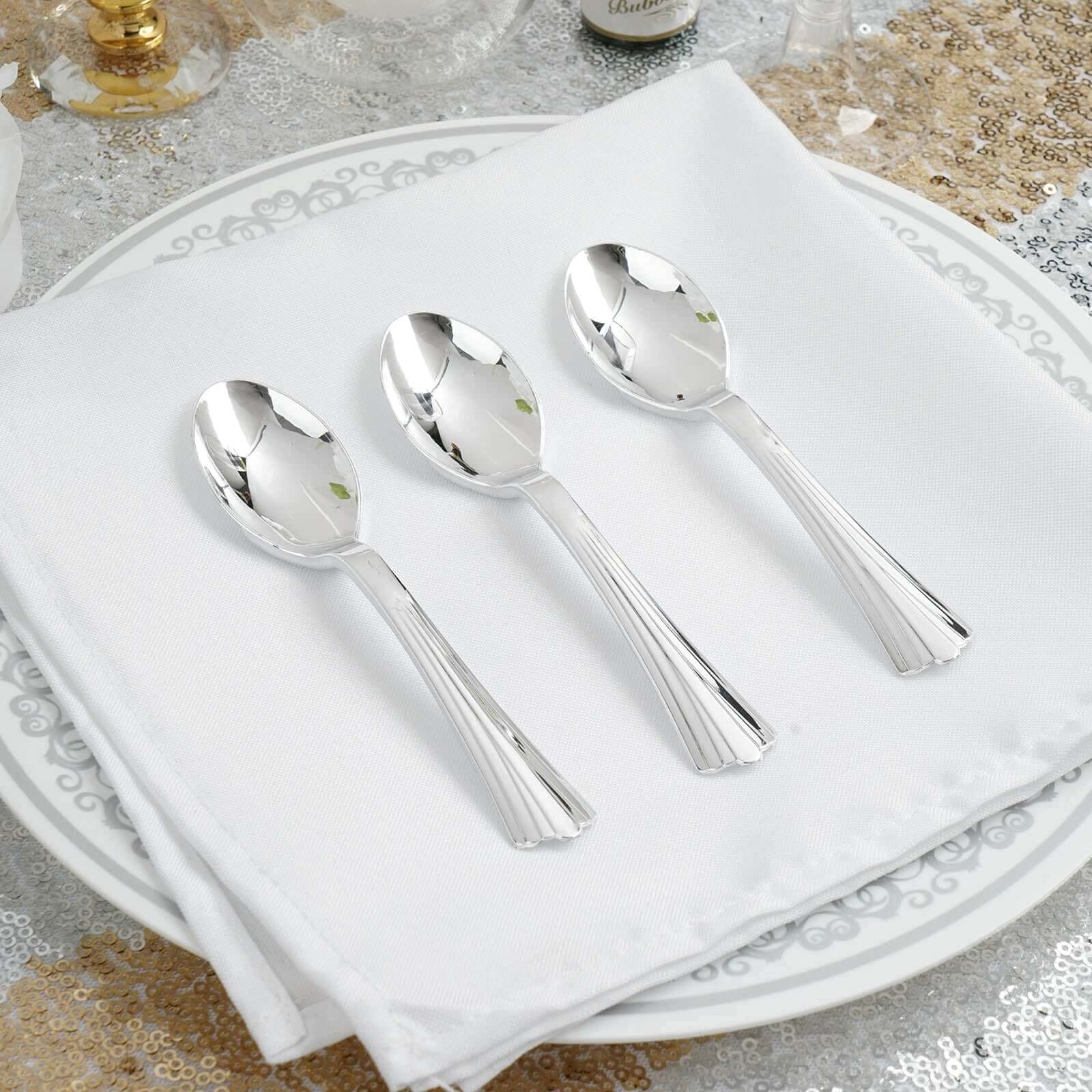 36 - Pack Plastic Tea Coffee Spoons Light Silver Heavy Duty with Fluted Handles - Durable Disposable Cutlery 5" - Linen Luxes