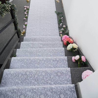 36"x50ft White Floral Lace Aisle Runner - Linen Luxes