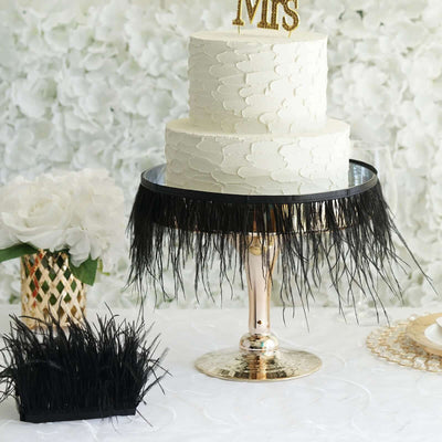 39" Black Real Ostrich Feather Fringe Trim With Satin Ribbon Tape - Linen Luxes