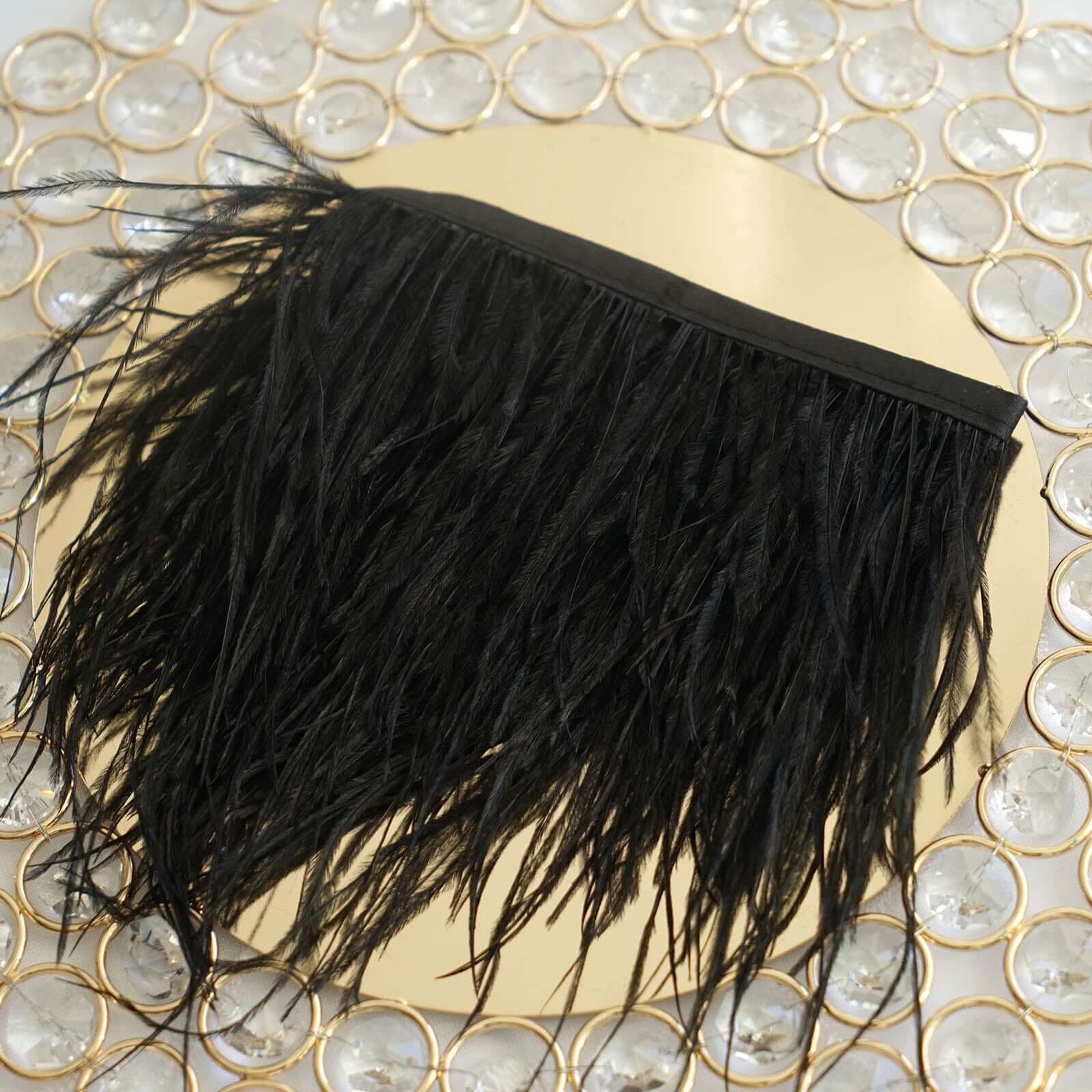 39" Black Real Ostrich Feather Fringe Trim With Satin Ribbon Tape - Linen Luxes