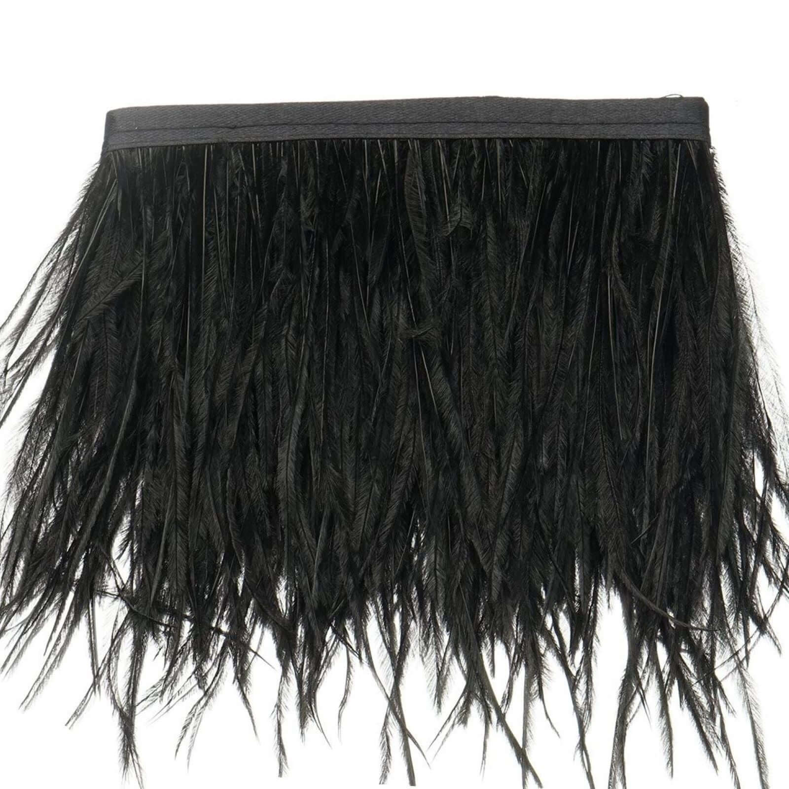 39" Black Real Ostrich Feather Fringe Trim With Satin Ribbon Tape - Linen Luxes