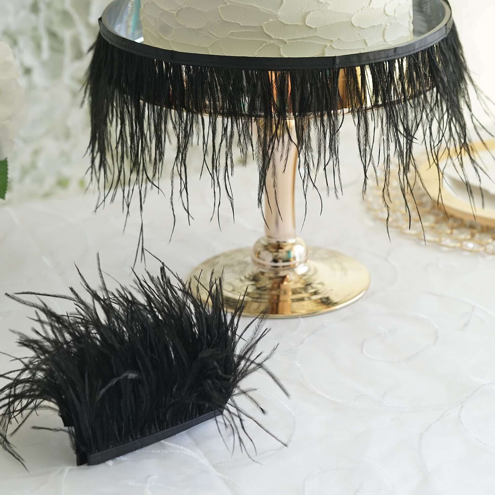 39" Black Real Ostrich Feather Fringe Trim With Satin Ribbon Tape - Linen Luxes