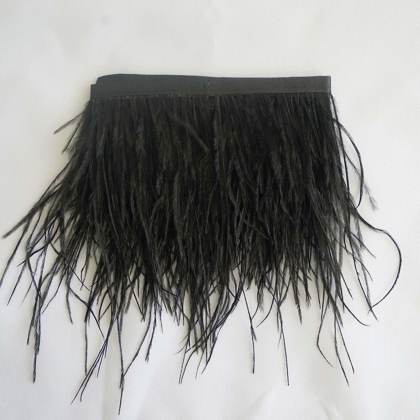 39" Black Real Ostrich Feather Fringe Trim With Satin Ribbon Tape - Linen Luxes