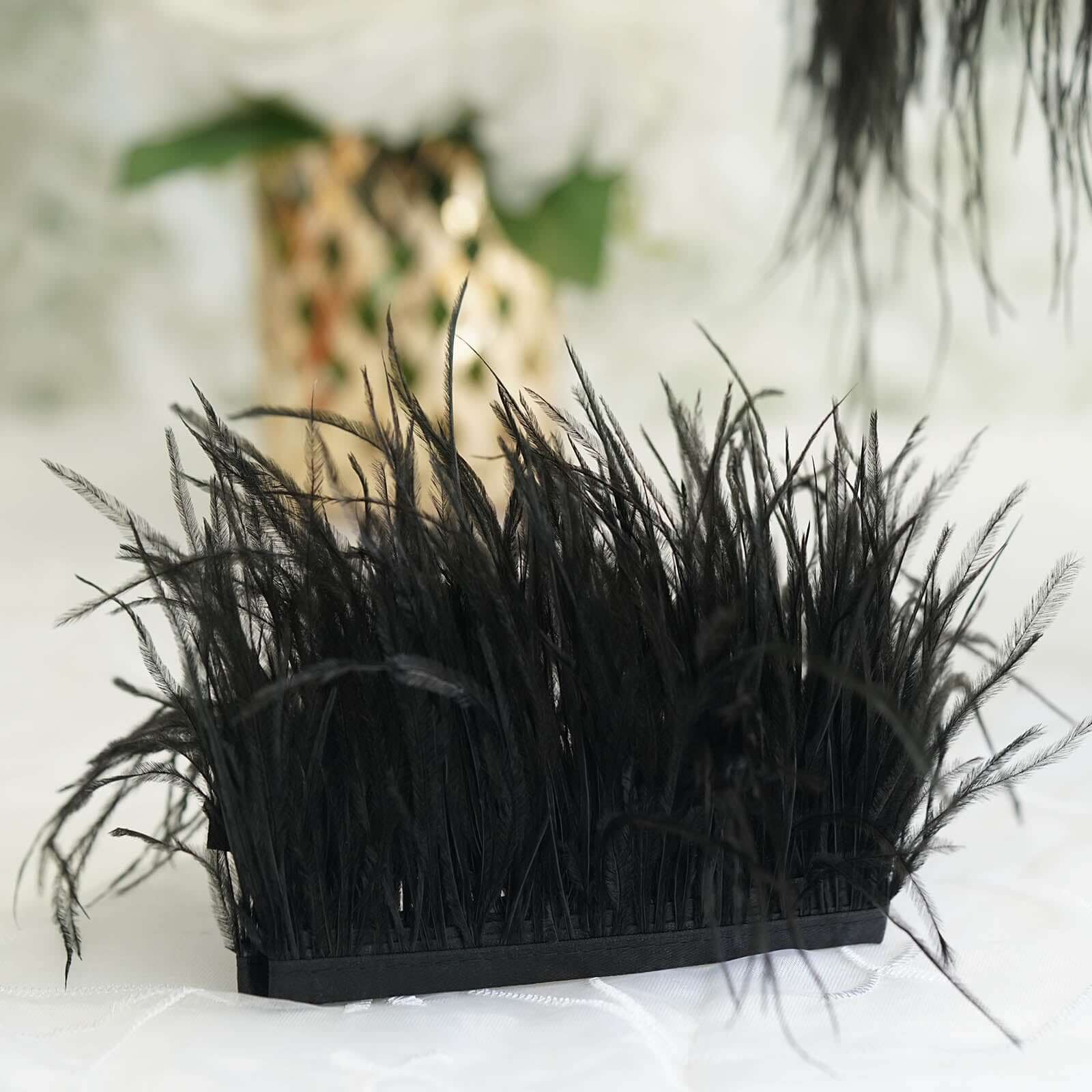 39" Black Real Ostrich Feather Fringe Trim With Satin Ribbon Tape - Linen Luxes