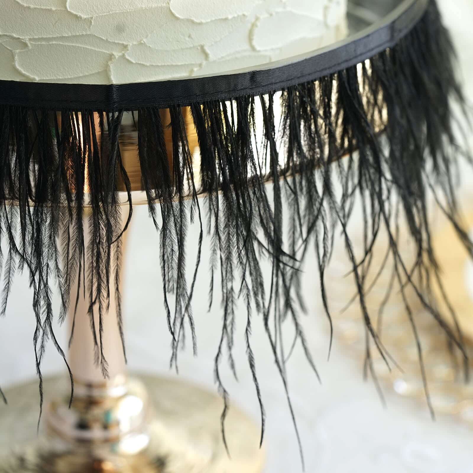 39" Black Real Ostrich Feather Fringe Trim With Satin Ribbon Tape - Linen Luxes