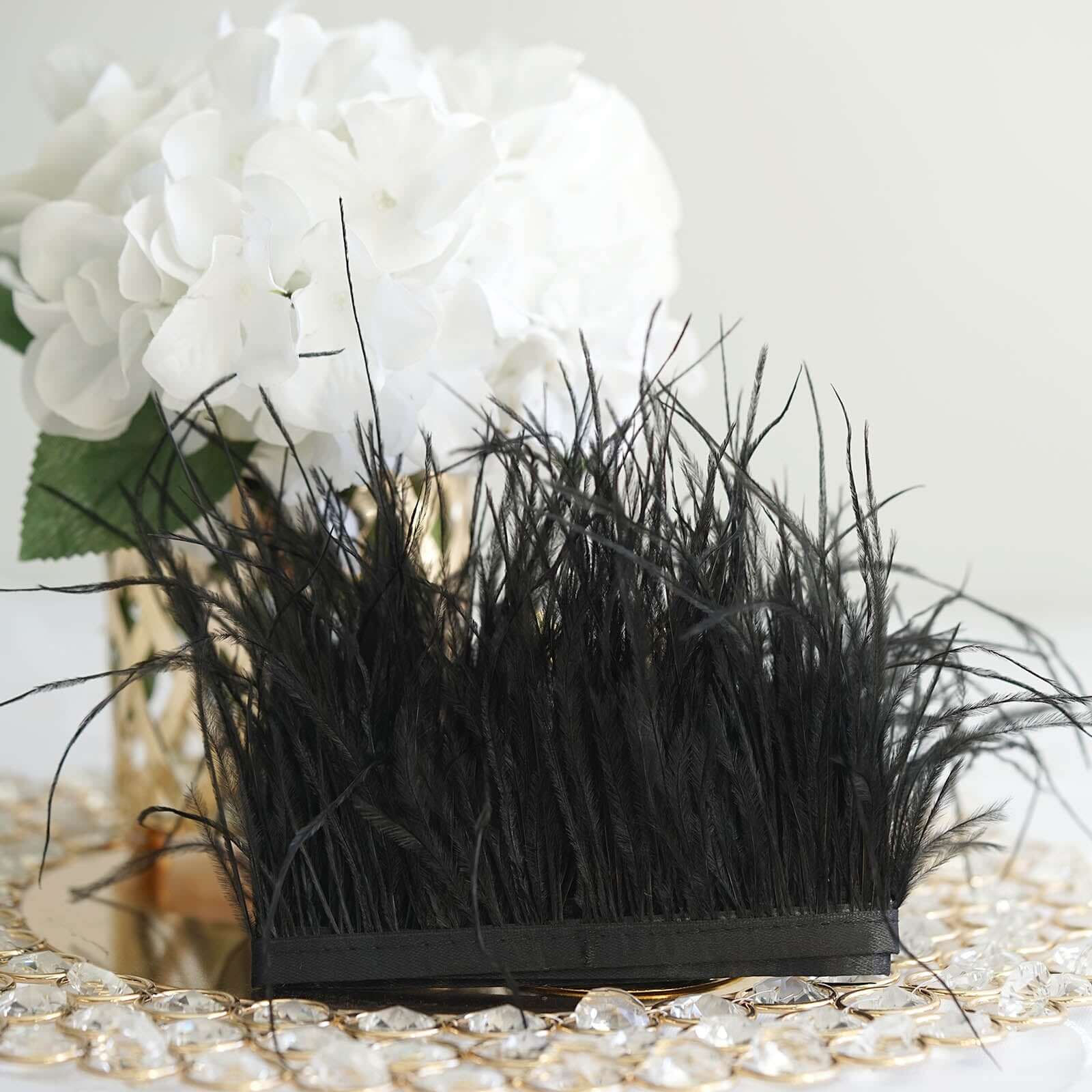 39" Black Real Ostrich Feather Fringe Trim With Satin Ribbon Tape - Linen Luxes