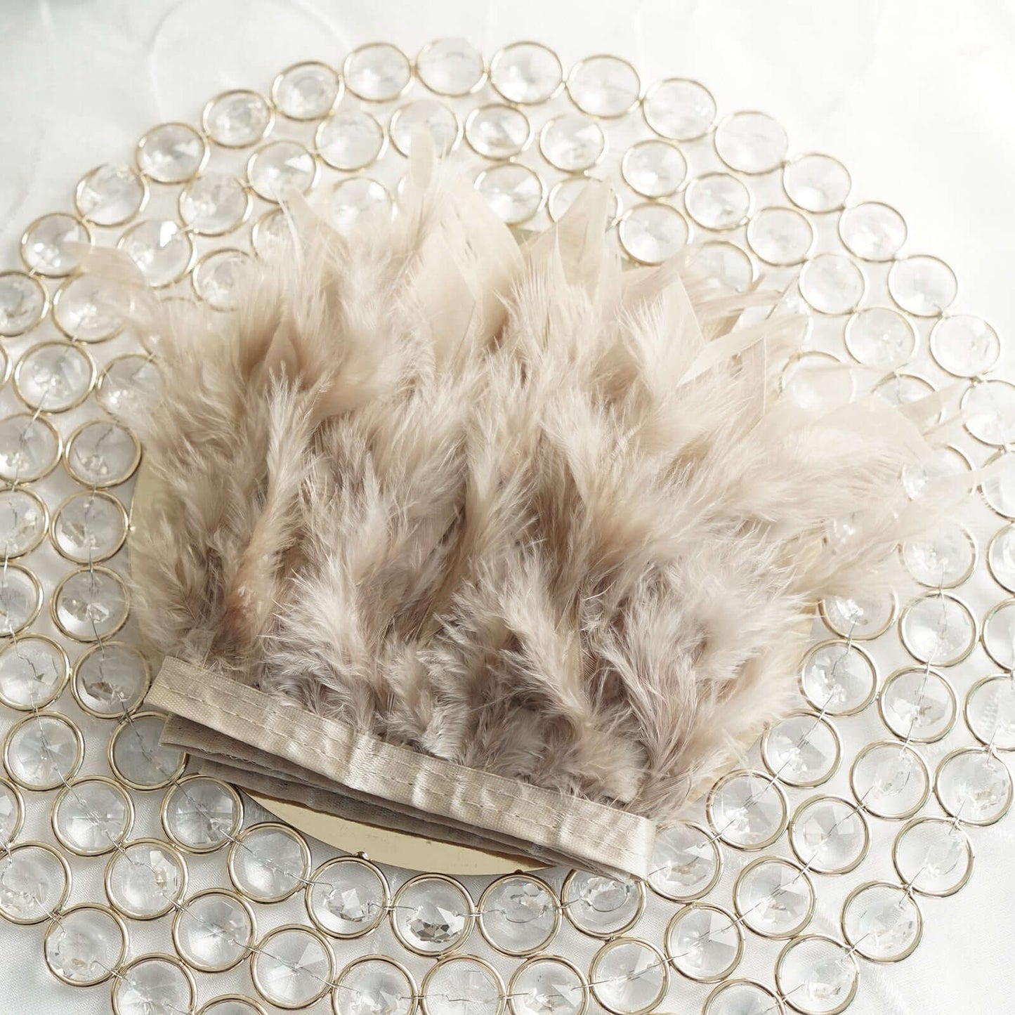 39" Natural Real Turkey Feather Fringe Trim With Satin Ribbon Tape - Linen Luxes