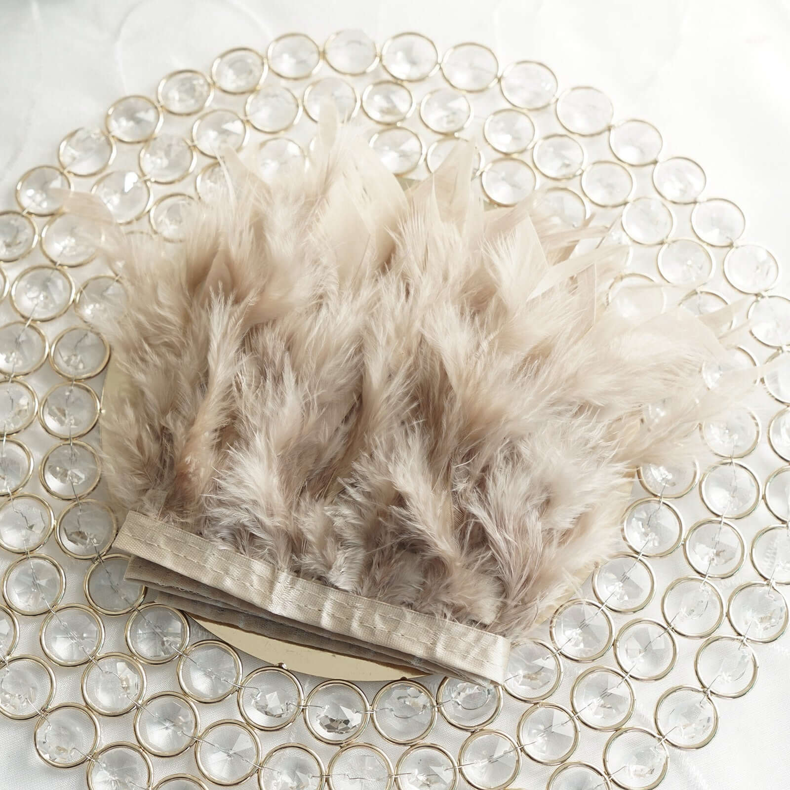 39" Natural Real Turkey Feather Fringe Trim With Satin Ribbon Tape - Linen Luxes