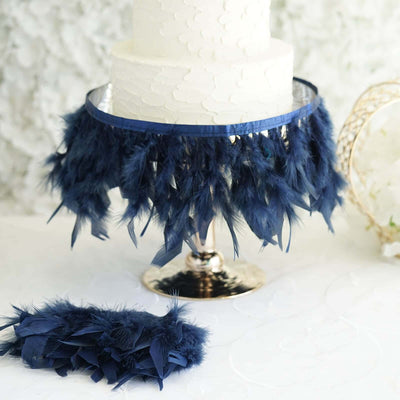 39" Navy Blue Real Turkey Feather Fringe Trim With Satin Ribbon Tape - Linen Luxes