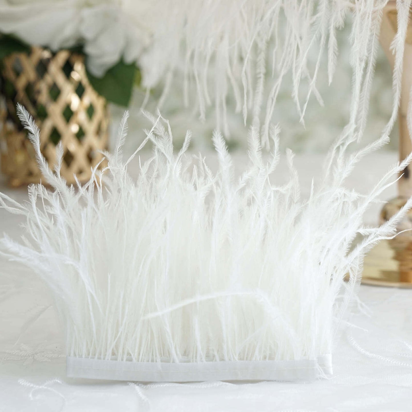 39" White Real Ostrich Feather Fringe Trim With Satin Ribbon Tape - Linen Luxes