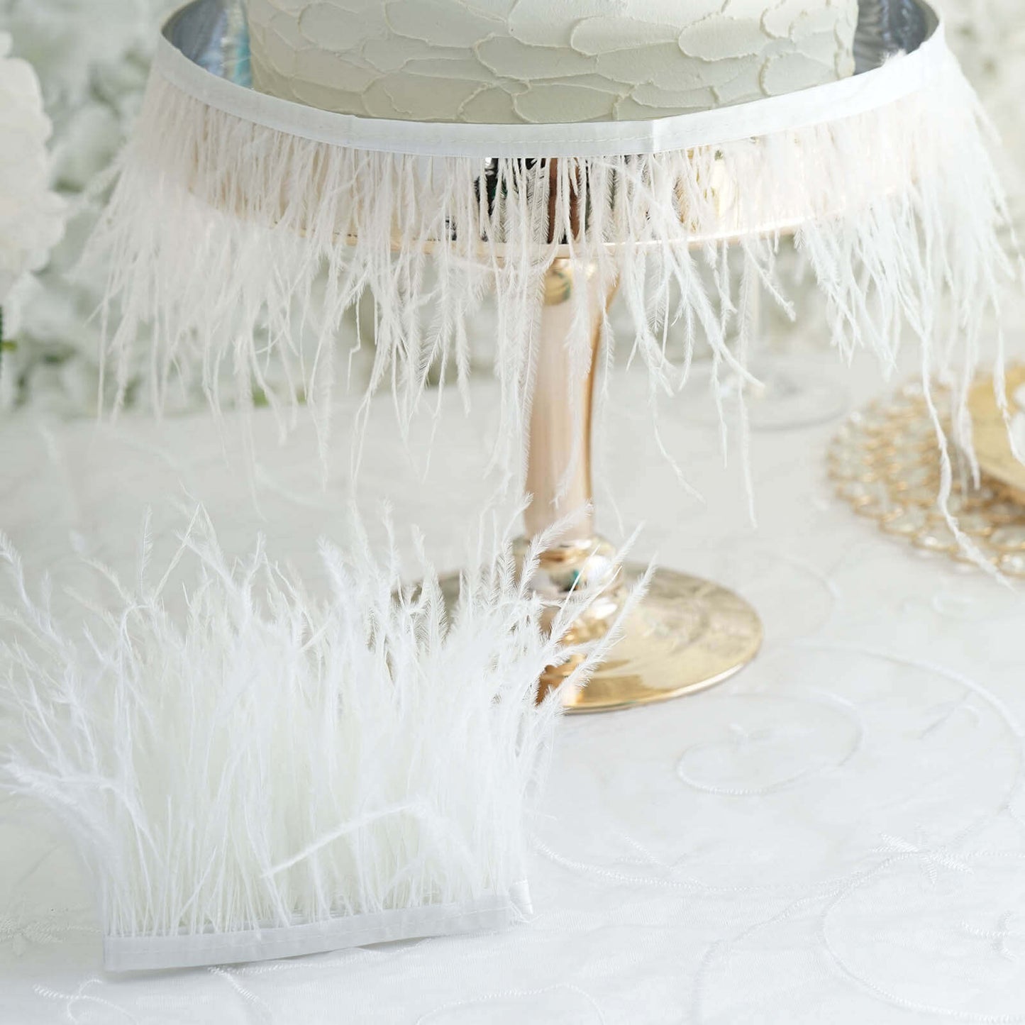 39" White Real Ostrich Feather Fringe Trim With Satin Ribbon Tape - Linen Luxes