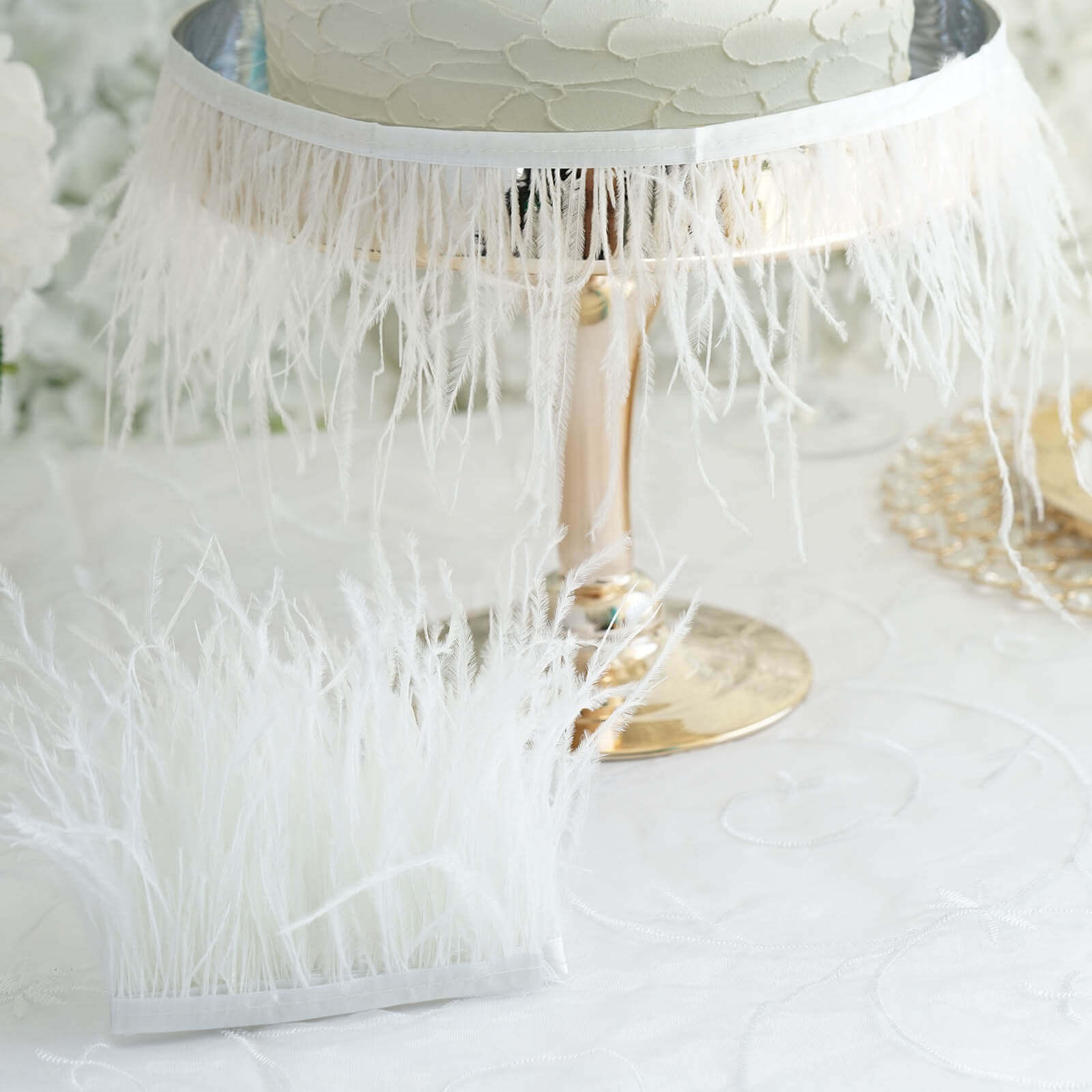 39" White Real Ostrich Feather Fringe Trim With Satin Ribbon Tape - Linen Luxes