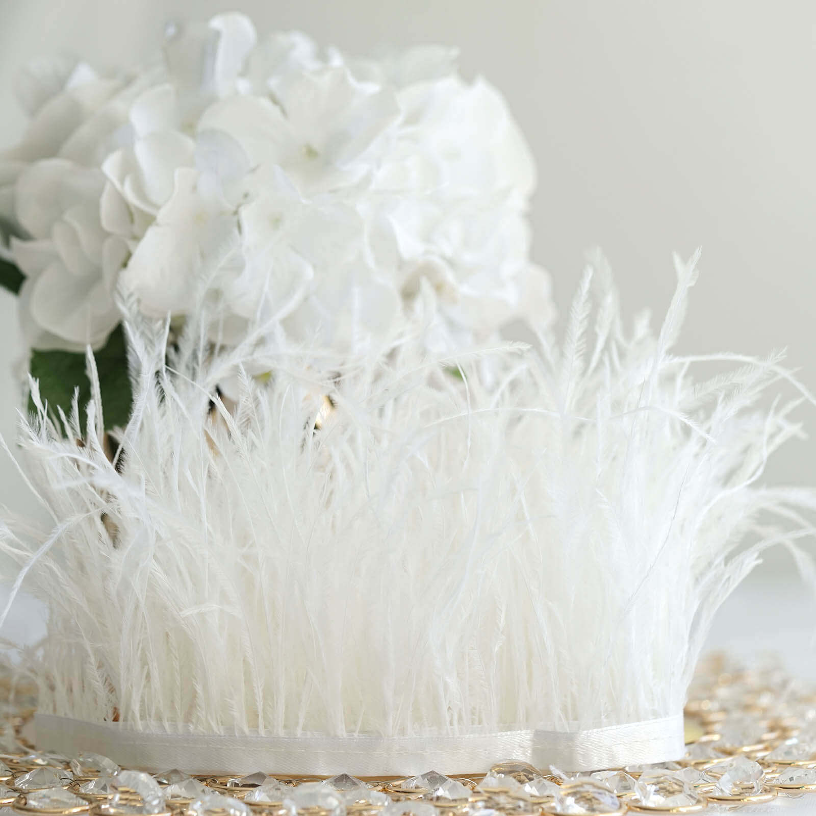39" White Real Ostrich Feather Fringe Trim With Satin Ribbon Tape - Linen Luxes